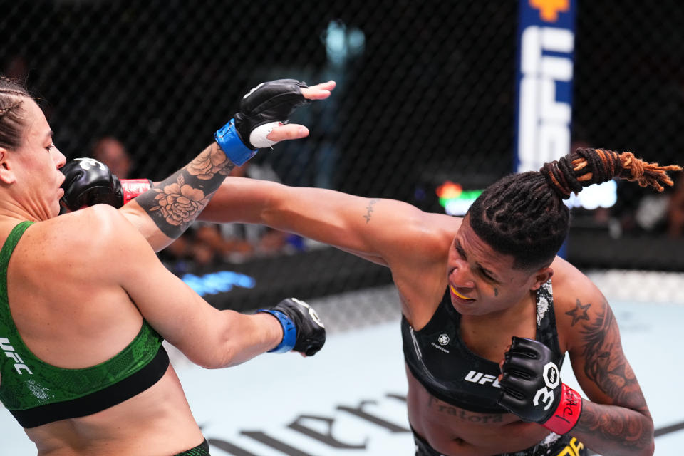 LAS VEGAS, NEVADA – SEPTEMBER 23: (R-L) Tamires Vidal of Brazil punches Montserrat Rendon of Mexico in a bantamweight fight during the UFC Fight Night event at UFC APEX on September 23, 2023 in Las Vegas, Nevada. (Photo by Chris Unger/Zuffa LLC via Getty Images)