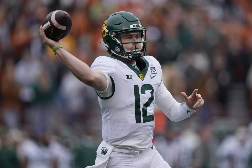 Baylor quarterback Blake Shapen (12) throws against Texas during the first half of an NCAA college football game in Austin, Texas, Friday, Nov. 25, 2022. (AP Photo/Eric Gay)