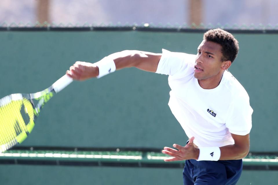 Canadian Felix Auger-Aliassime practices during day two of the BNP Paribas Open at the Indian Wells Tennis Garden in Indian Wells, Calif., on Tuesday, March 7, 2023.