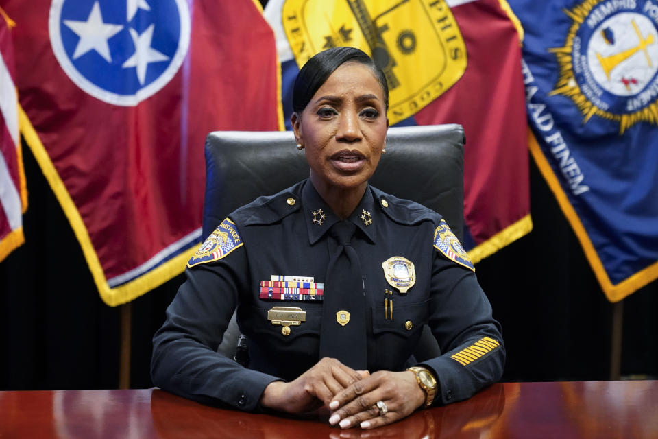 FILE - Memphis Police Director Cerelyn "C.J." Davis speaks during an interview with The Associated Press in Memphis, Tenn., Jan. 27, 2023. On Friday, April 14, and Saturday, April 15, Black police chiefs, commissioners, sheriffs and commanders from across the country are set to meet in Detroit for the annual CEO symposium of the National Organization of Black Law Enforcement Executives. (AP Photo/Gerald Herbert, File)