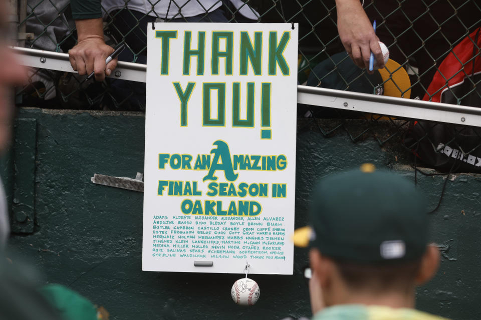 OAKLAND, CA – SEPTEMBER 26: A detailed shot of a sign is seen before the game between the Texas Rangers and the Oakland Athletics at RingCentral Coliseum on Thursday, September 26, 2024 in Oakland, California. (Photo by Lachlan Cunningham/MLB Photos via Getty Images)