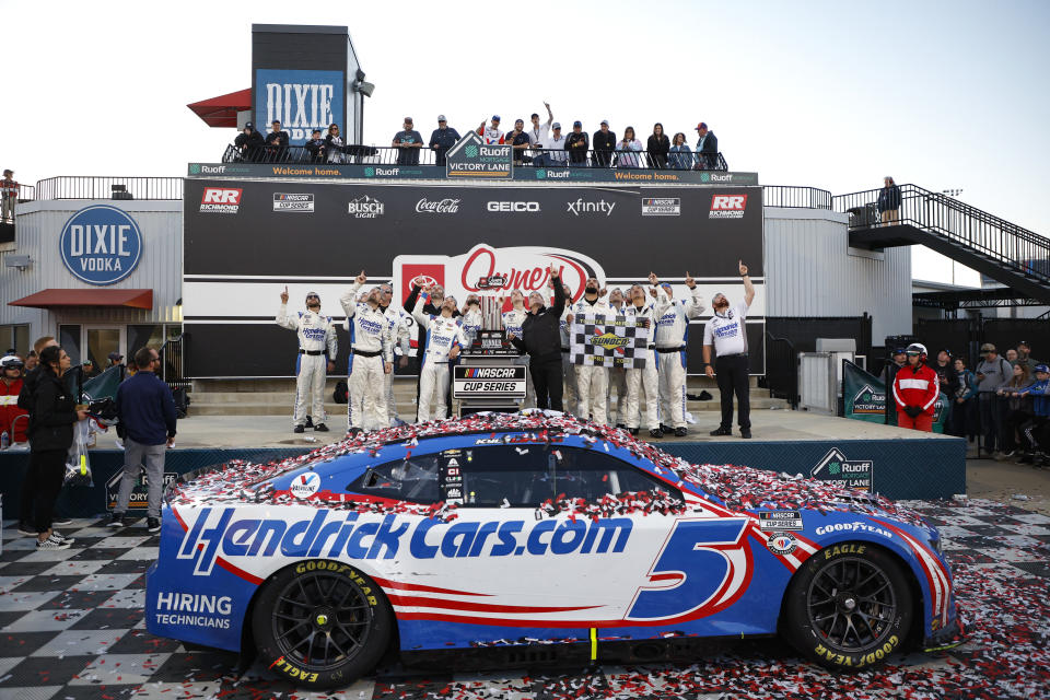 RICHMOND, VIRGINIA - APRIL 02: Kyle Larson, driver of the #5 HendrickCars.com Chevrolet, and crew celebrate in victory lane after winning the NASCAR Cup Series Toyota Owners 400 at Richmond Raceway on April 02, 2023 in Richmond, Virginia. (Photo by Jared C. Tilton/Getty Images)