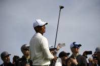 Tiger Woods watches his tee shot on the second hole of the South Course at Torrey Pines Golf Course during the second round of the Farmers Insurance golf tournament Friday Jan. 24, 2020, in San Diego. (AP Photo/Denis Poroy)