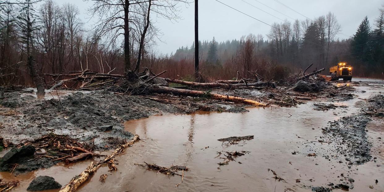 This photo provided by the Alaska Department of Transportation and Public Facilities shows damage from heavy rains and a mudslide 600 feet wide in Haines, Alaska, on Wednesday, Dec. 2, 2020.