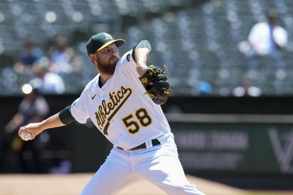 Oakland Athletics pitcher Paul Blackburn throws against the Tampa Bay Rays during the first inning of a baseball game in Oakland, Calif., Thursday, June 15, 2023. (AP Photo/Godofredo A. Vásquez)