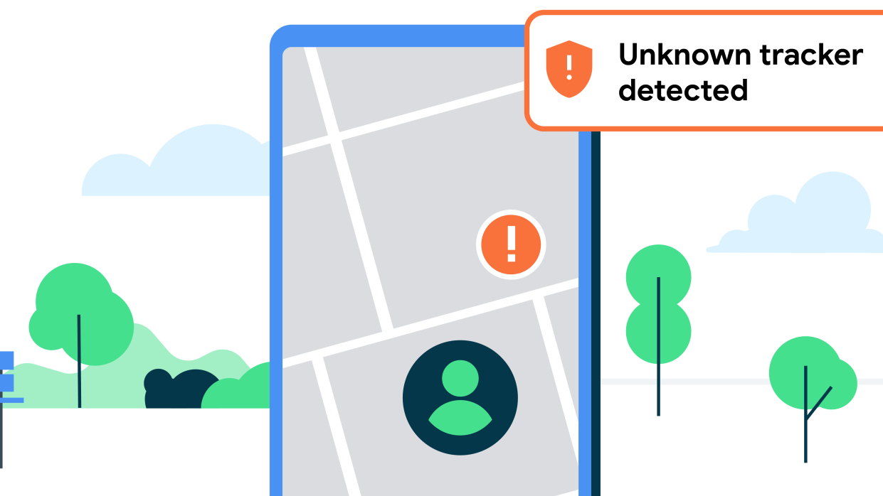  A Phone shows an ! and a green person on a map with a warning "Unknown Tracker Detected" 