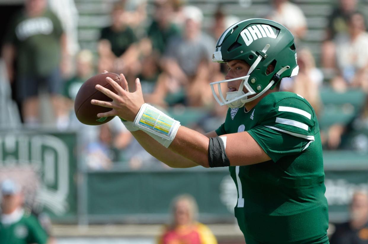 Sep 16, 2023; Athens, Ohio, USA; Ohio University Bobcats quarterback Kurtis Rourke (7) against the Iowa State Cyclones during the fourth quarter at Peden Stadium.