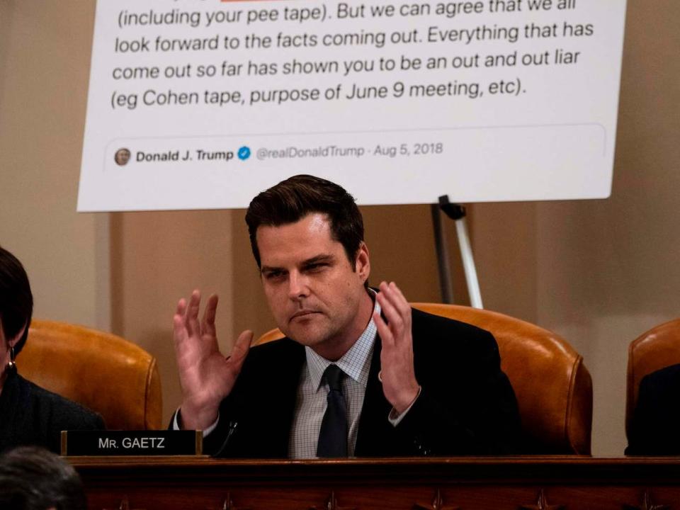 Rep. Matt Gaetz (R-FL) speaks during a public impeachment inquiry hearing with the House Judiciary Committee on Capitol Hill in Washington, DC, on December 9, 2019. -