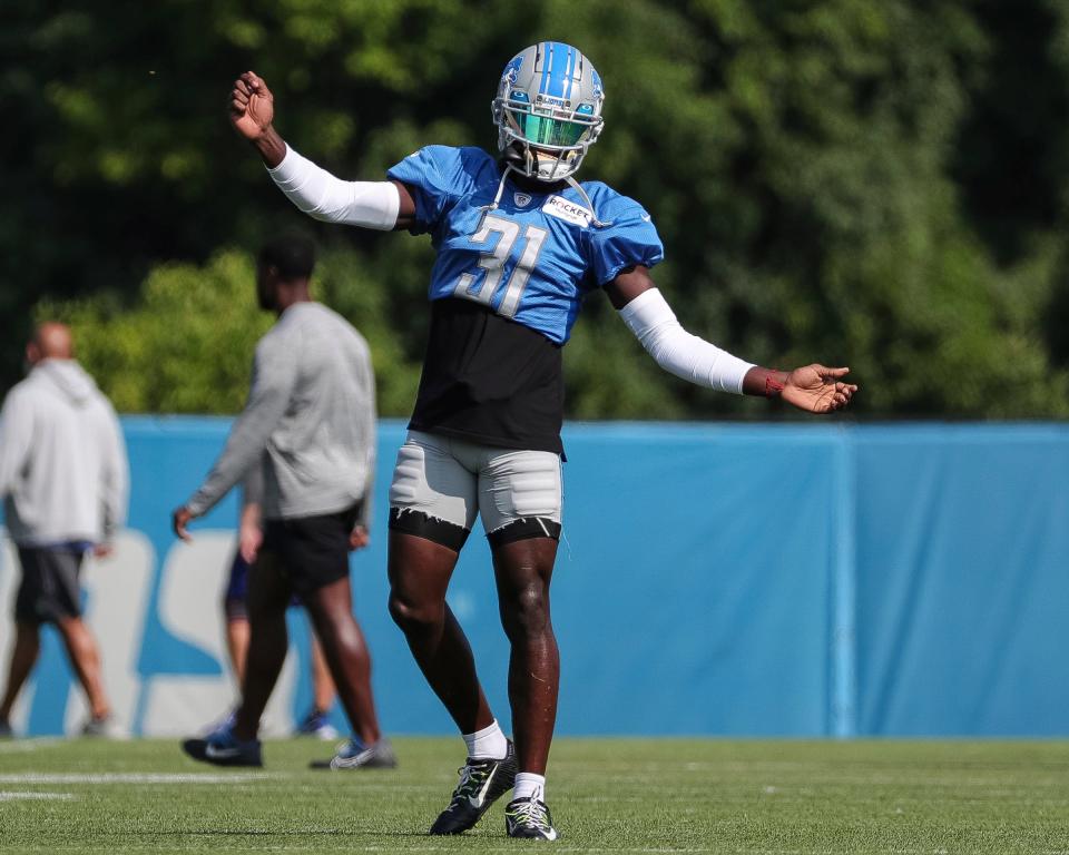 Detroit Lions safety Kerby Joseph warms up during the joint practice with New York Giants at Detroit Lions headquarters and training facility in Allen Park on Wednesday, August 9, 2023.