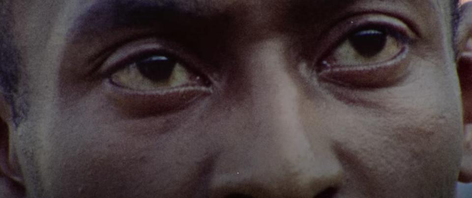 a close up of Pele's eyes