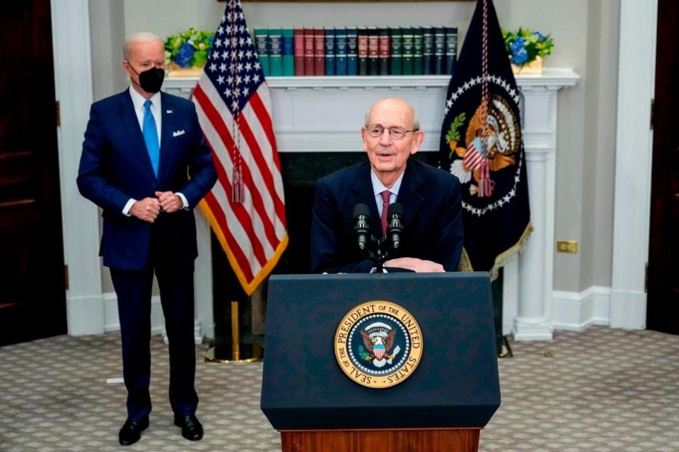 PHOTO: President Joe Biden looks on as Supreme Court Associate Justice Stephen Breyer speaks about his coming retirement in the White House, Washington, D.C., Jan. 27, 2022. (Drew Angerer/Getty Images)