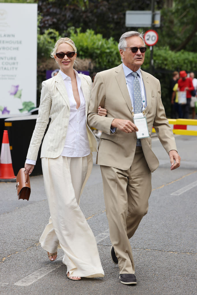 LONDON, ENGLAND - JULY 01: Poppy Delevingne and Charles Delevingne attend day one of the Wimbledon Tennis Championships at the All England Lawn Tennis and Croquet Club on July 01, 2024 in London, England. (Photo by Neil Mockford/GC Images)