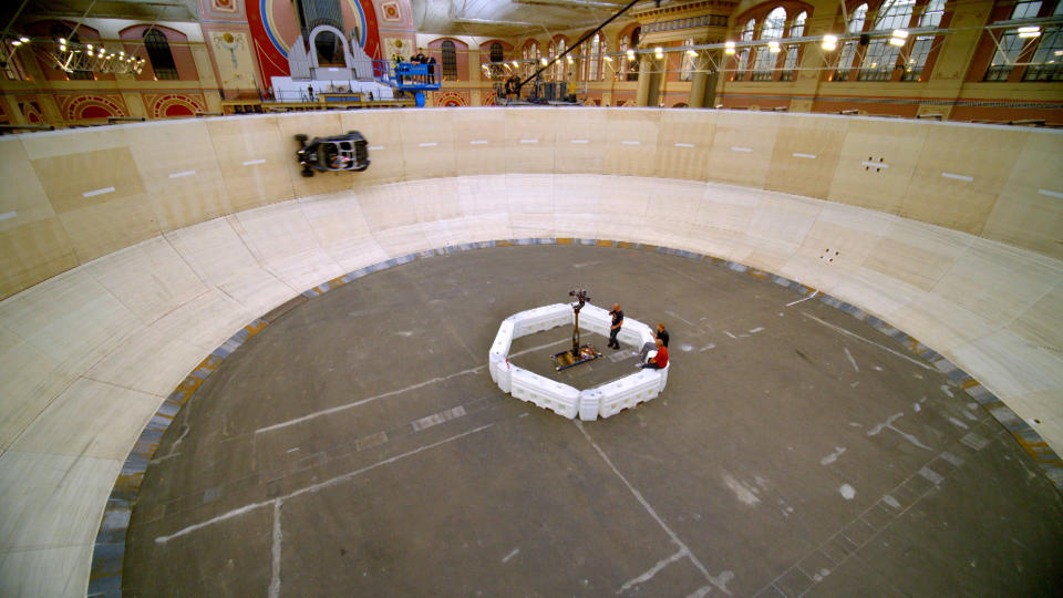 Paddy McGuinness, Freddie Flintoff, Chris Harris on the Wall Of Death (BBC Studios)