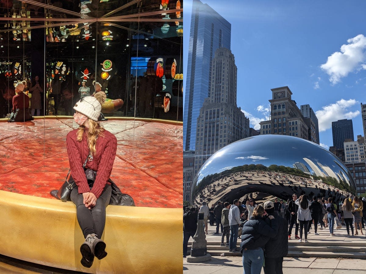 molly sitting on a bench that looks like deep dish pizza next to a photo fo chicago's bean sculpture