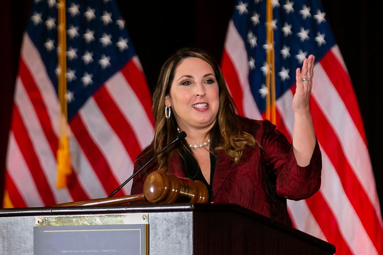 Ronna Romney McDaniel, the chair of the Republican National Committee, speaks during the RNC winter meeting at the Trump National Doral Resort in Miami, Friday, Jan. 24, 2020. (Matias J. Ocner/Miami Herald via AP)