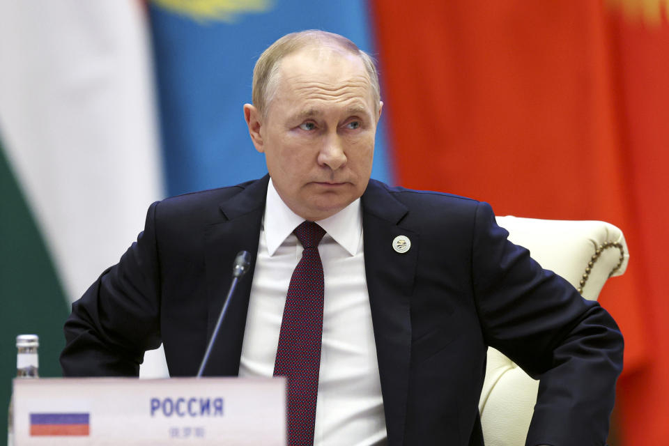 CORRECTS DATE OF XI'S VISIT, FILE - Russian President Vladimir Putin attends the Shanghai Cooperation Organization (SCO) summit in Samarkand, Uzbekistan, on Sept. 16, 2022. China said Friday, March 17, 2023, President Xi will visit Russia from Monday, March 20, to Wednesday, March 22, 2023, in an apparent show of support for Russian President Putin. (Sergei Bobylev, Sputnik, Kremlin Pool Photo via AP, File)