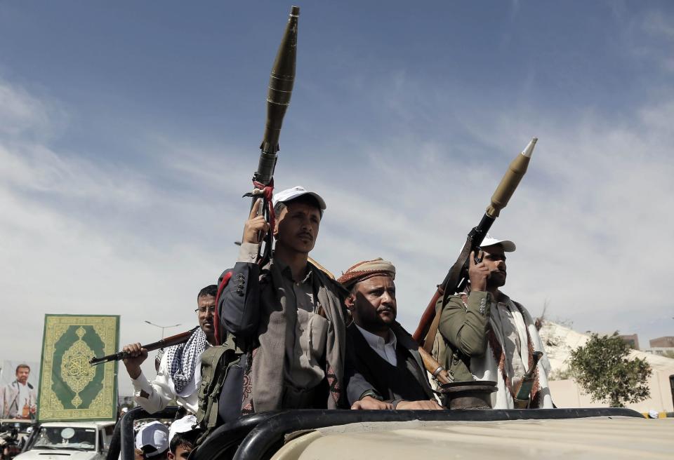 Thousands of Houthi supporters demonstrate to show solidarity for Palestine against the ongoing Israeli attacks on Gaza and in protest against the US and UK airstrikes on Yemen on February 7.