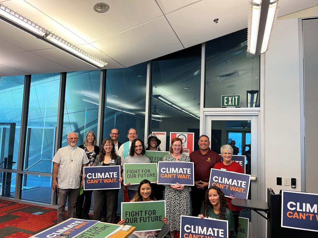 Representatives from groups pushing climate action in Arizona gathered on Thursday, Sept. 1, 2022 in Tempe to celebrate the passage of the Inflation Reduction Act, which they say will help cut costs for Arizona families, create clean energy jobs, tackle climate change, ensure healthier communities, and reduce the threat of drought and extreme heat.