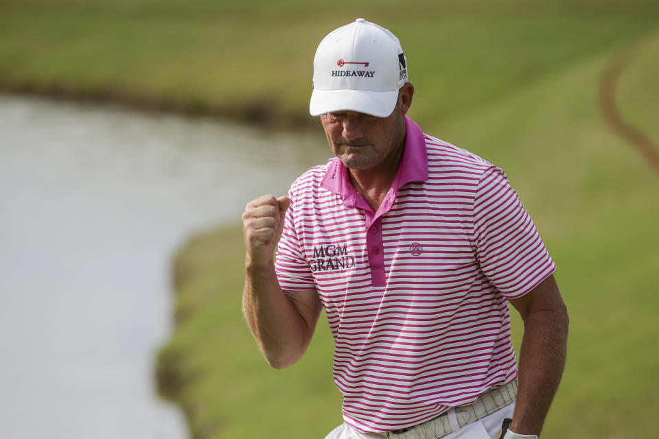 Alex Cejka, of Germany, reacts after making birdie on the 18th green on the first hole of a playoff against Steve Stricker after the final round of the Regions Tradition PGA Tour Champions golf tournament Sunday, May 9, 2021, in Hoover, Ala. (AP Photo/Butch Dill)