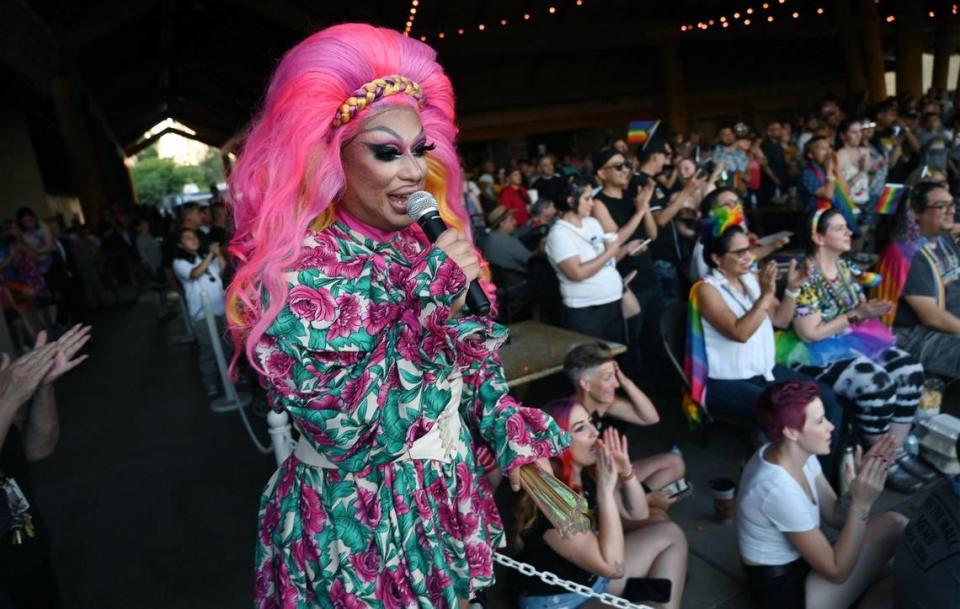 Drag queen Cara Coronado introduces drag queens for the finale at the end of Fresno Chaffee Zoo’s special Family Pride event held Friday, June 24, 2022 in Fresno.