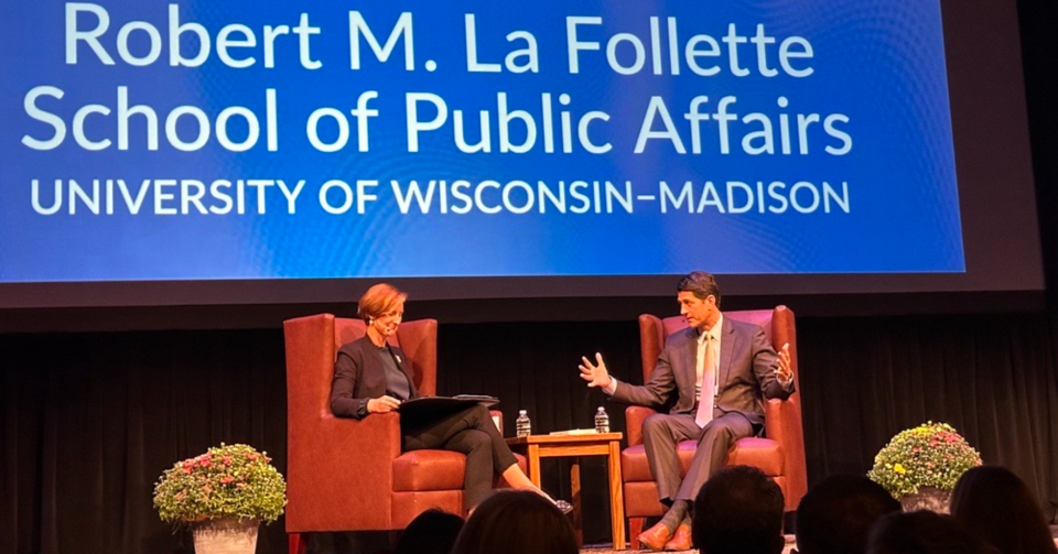 Former Speaker of the House Paul Ryan of Janesville speaks about the state of the Republican Party during a speedh Friday, Sept. 26, 20023, at the University of Wisconsin-Madison. Moderating the discussion is La Follette School Director Susan Webb Yackee.