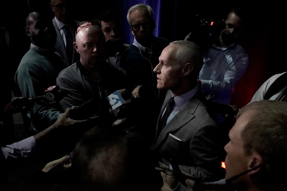 Big 12 Commissioner Brett Yormark speaks to the media during Big 12 NCAA college basketball media day Tuesday, Oct. 18, 2022, in Kansas City, Mo. (AP Photo/Charlie Riedel)