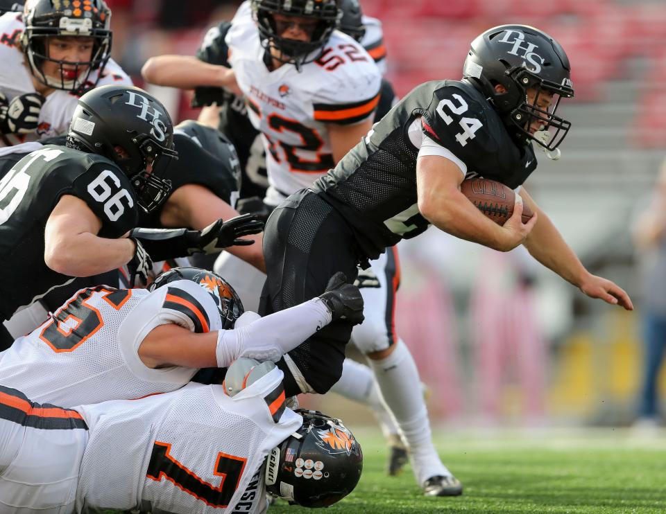 Darlington High School's Breylin Goebel (24) dives forward at the end of a run against Stratford High School during the WIAA Division 6 state championship football game on Thursday, November 16, 2023, at Camp Randall Stadium in Madison, Wis. 
Tork Mason/USA TODAY NETWORK-Wisconsin