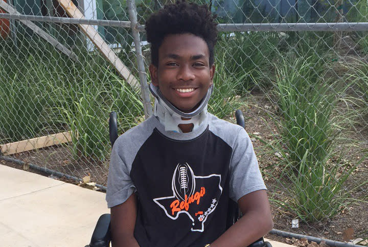 Eight weeks after losing feeling in his arms and legs, Casey Henderson walked back onto the football field at Refugio High. (Courtesy of Nicole Henderson)