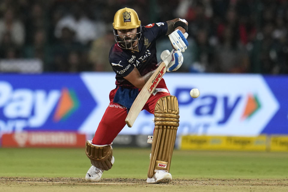 Royal Challengers Bangalore's Virat Kohli plays a shot during the Indian Premier League cricket match between Royal Challengers Bangalore and Lucknow Super Giants in Bengaluru, India, Monday, April 10, 2023. (AP Photo/Aijaz Rahi)