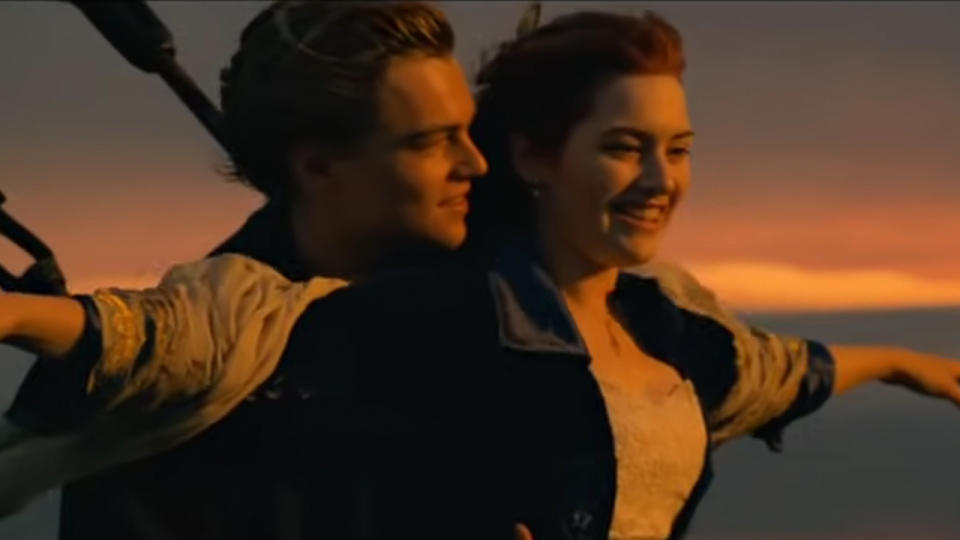 Leonardo DiCaprio and Kate Winslet on the bow of the Titanic