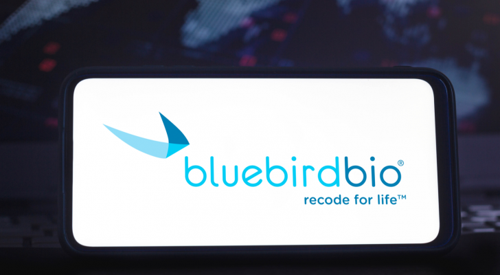 Bluebird Bio biotech company logo on phone screen. BLUE stock.