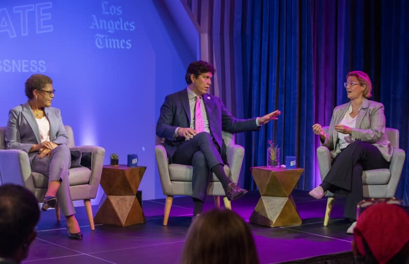 Santa Monica, CA - May 20: L.A. mayoral candidates from left, Karen Bass, Kevin de Leon and Gina Viola debate on homelessness at KCRW studios on Friday, May 20, 2022 in Santa Monica, CA. (Brian van der Brug / Los Angeles Times)