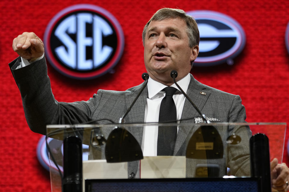 Georgia head coach Kirby Smart speaks during NCAA college football Southeastern Conference Media Days, Tuesday, July 18, 2023, in Nashville, Tenn. (AP Photo/George Walker IV)