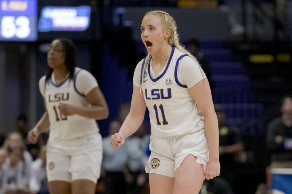 LSU guard Hailey Van Lith (11) reacts during the second half of a basketball game against Rice in the first round of the NCAA tournament on Friday, March 22, 2024, in Baton Rouge, La. (AP Photo/Matthew Hinton)