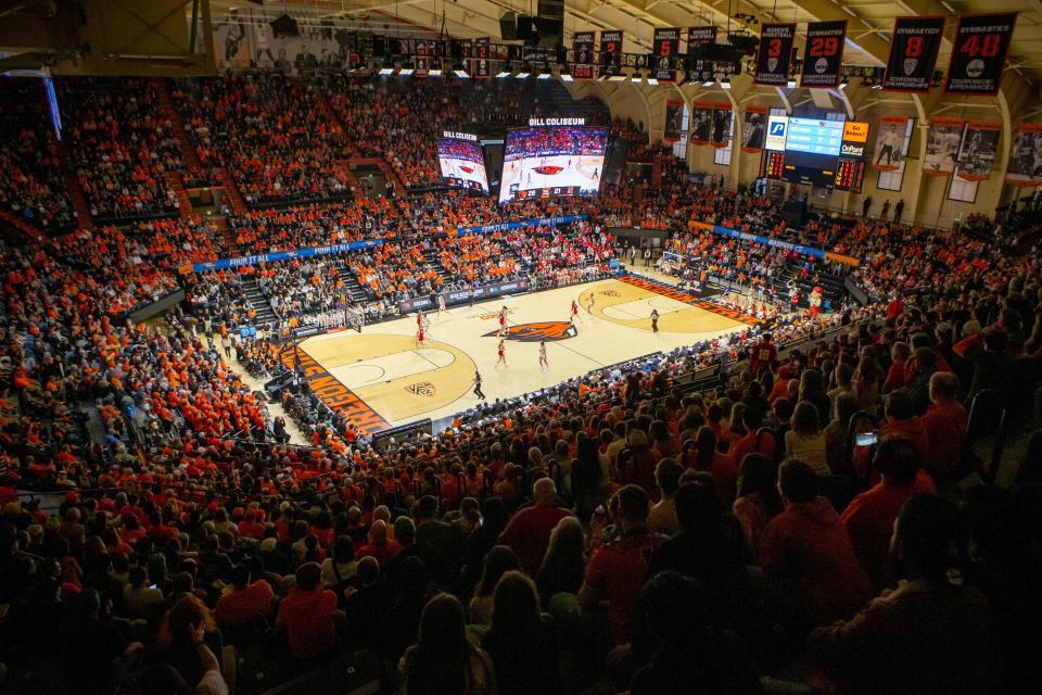 Fans fill Gill Coliseum as the Oregon State Beavers women's basketball team takes on the Nebraska Huskers in the second round of the NCAA Tournament on March 24 in Corvallis.