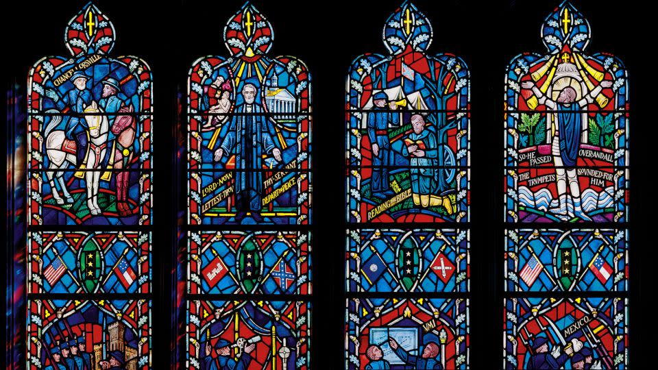 The old windows depicting Confederate Gens. Robert E. Lee and Thomas "Stonewall" Jackson are seen in this composite image.  - Washington National Cathedral