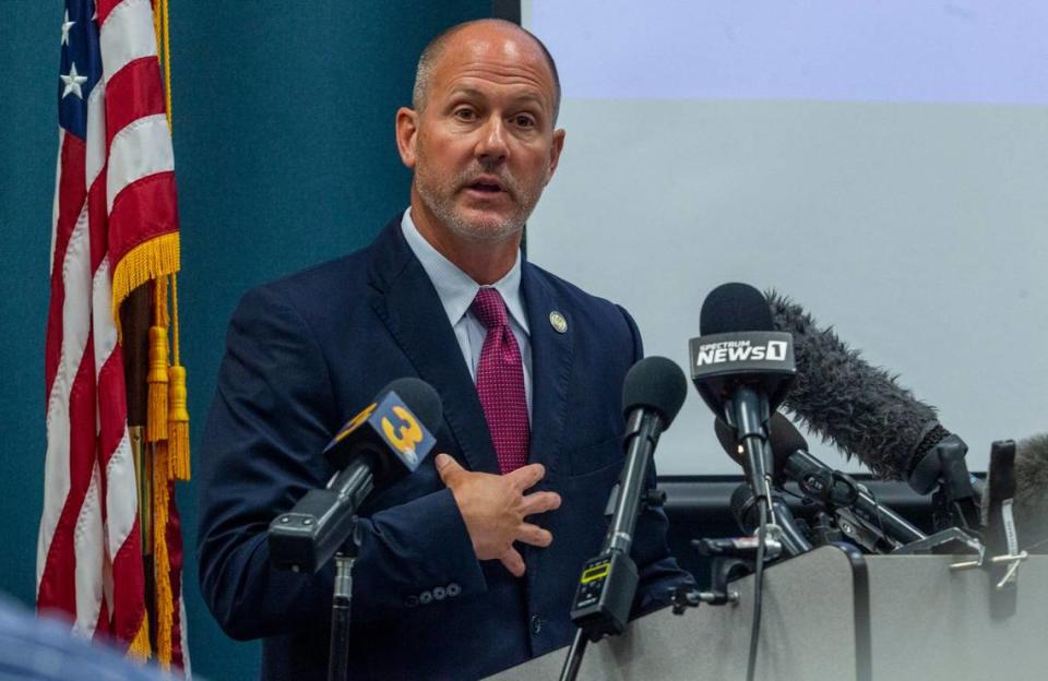 Pasquotank County District Attorney Andrew Womble answers questions from reporters after announcing he will not charge deputies in the April 21 fatal shooting of Andrew Brown Jr. during a press conference Tuesday, May 18, 2021 at the Pasquotank County Public Safety building in Elizabeth City.