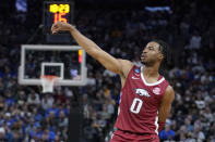 Arkansas guard Stanley Umude (0) watches his shot against Duke during the second half of a college basketball game in the Elite 8 round of the NCAA men's tournament in San Francisco, Saturday, March 26, 2022. (AP Photo/Marcio Jose Sanchez)