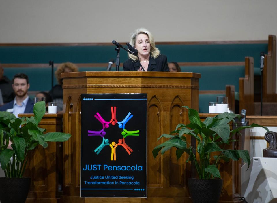 State attorney Ginger Bowden Madden speaks during JUST Pensacola's fourth annual Nehemiah Action Assembly at the First Baptist Church of Warrington on Monday, April 24, 2023.