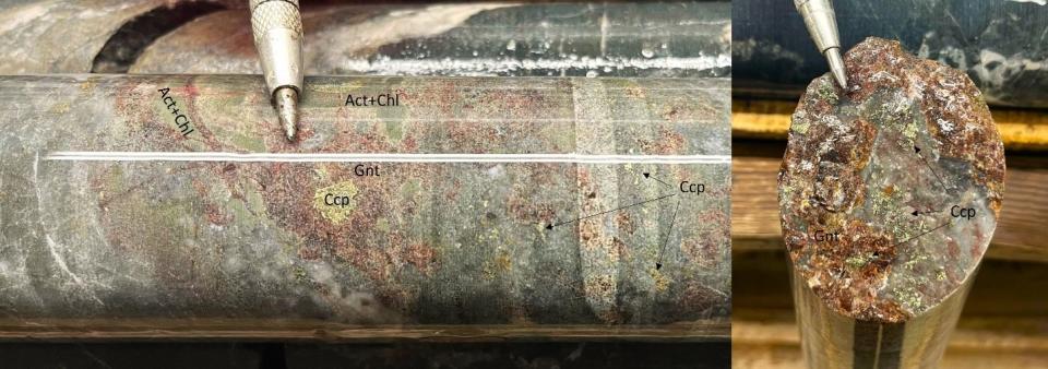 Andradite garnet (“Gnt”), and variably chloritized actinolite (“Act + Chl”) with chalcopyrite mineralization in hole AW-23-106.