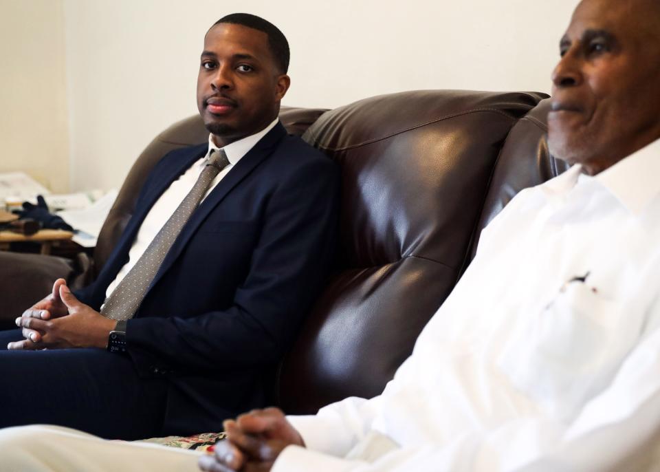 JB Smiley Sr. and his son City Councilman JB Smiley Jr. pose for a portrait, Thursday May 20, 2021, in Memphis, Tenn. 