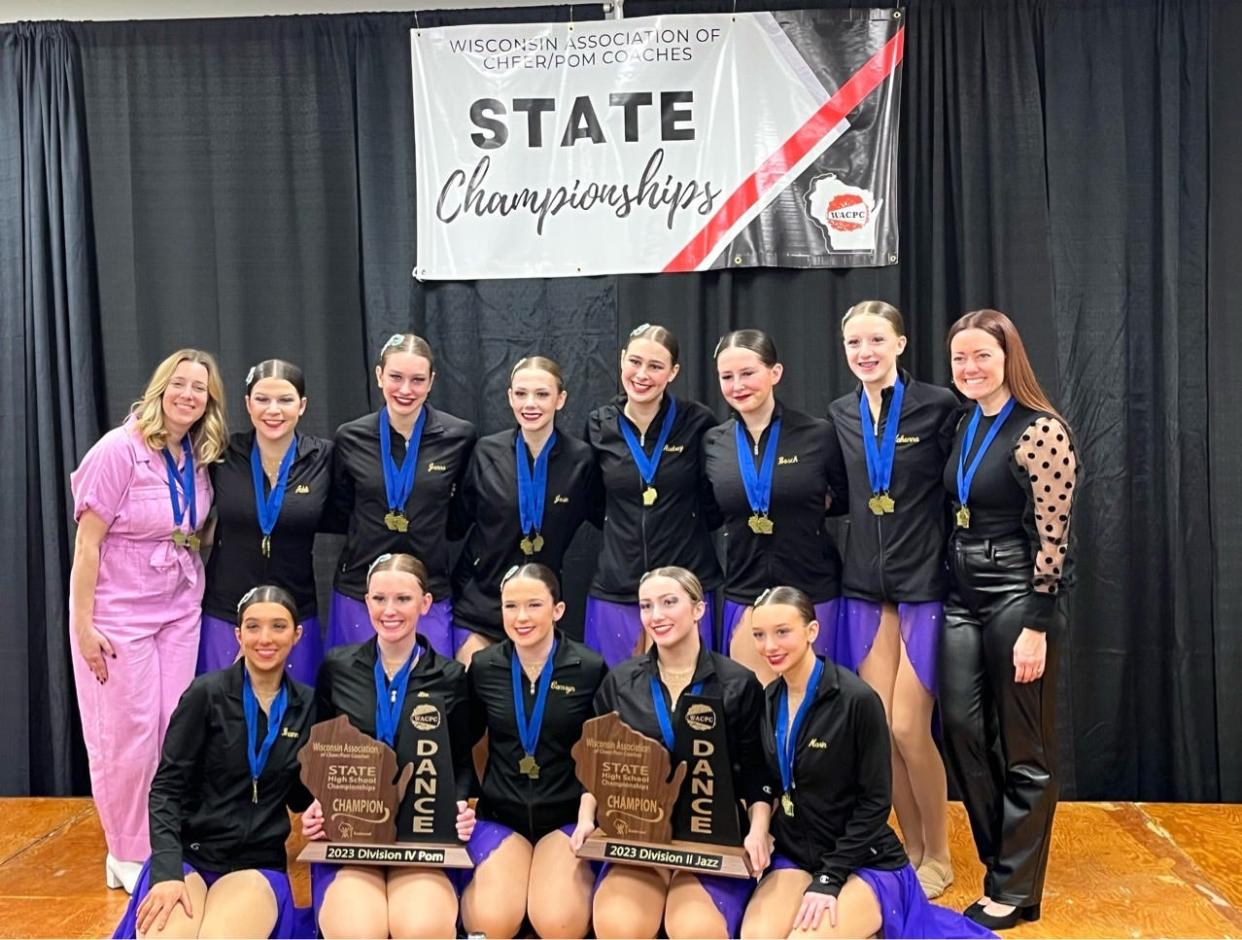 The New Berlin Eisenhower dance team won state for Division 2 Jazz and Division 4 Pom.  Pictured top row, left to right: Liz Wiskirchen, coach, Addi Pankowski, Jenna Schmidt, Josie Kohl, Audrey Crosby, Maddie Bosch, Makenna Kloskey, Katelyn Halstead, coach. Bottom row left to right: Anna Vassallo, Ella Wendlick, Camryn Rajala, Kyla Koski and Marin Anderson.