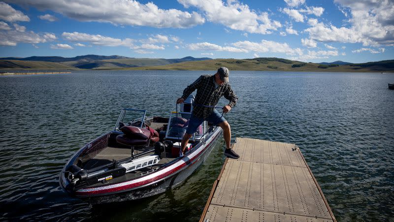 Jon Snow, of Springville, launches his boat to do some trout fishing at Strawberry Reservoir on Tuesday, Sept. 5, 2023.