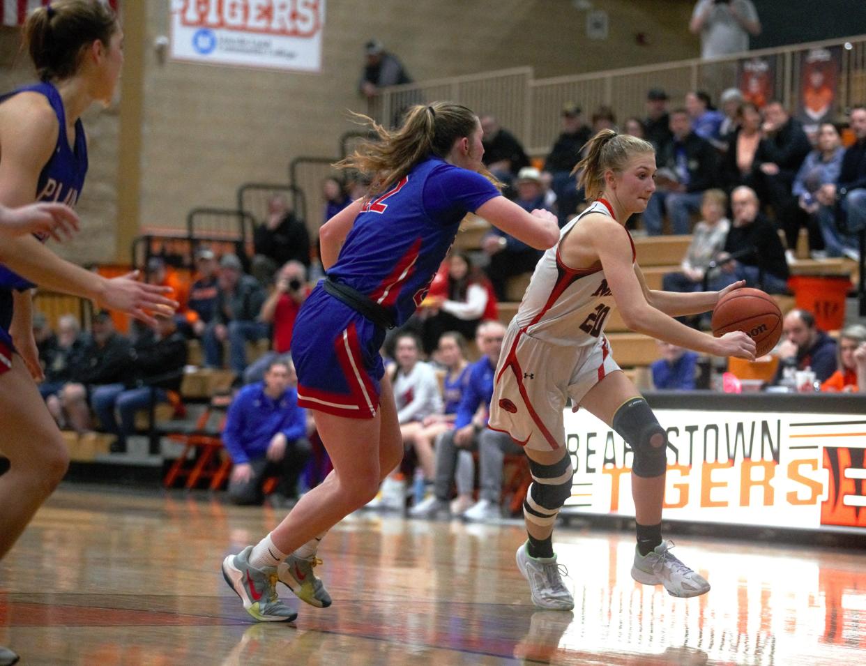 Gillespie's Mia Brawner dribbles against Pleasant Plains in the Class 2A Beardstown Sectional semifinal on Tuesday, Feb. 20, 2024. Plains won 51-37.