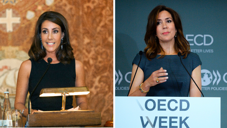 Princess Marie speaking at podium identical to Princess Mary (R) speaking at podium