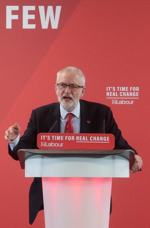 Britain's opposition Labour Party leader Jeremy Corbyn speaks about Brexit during a general election campaign meeting in Harlow