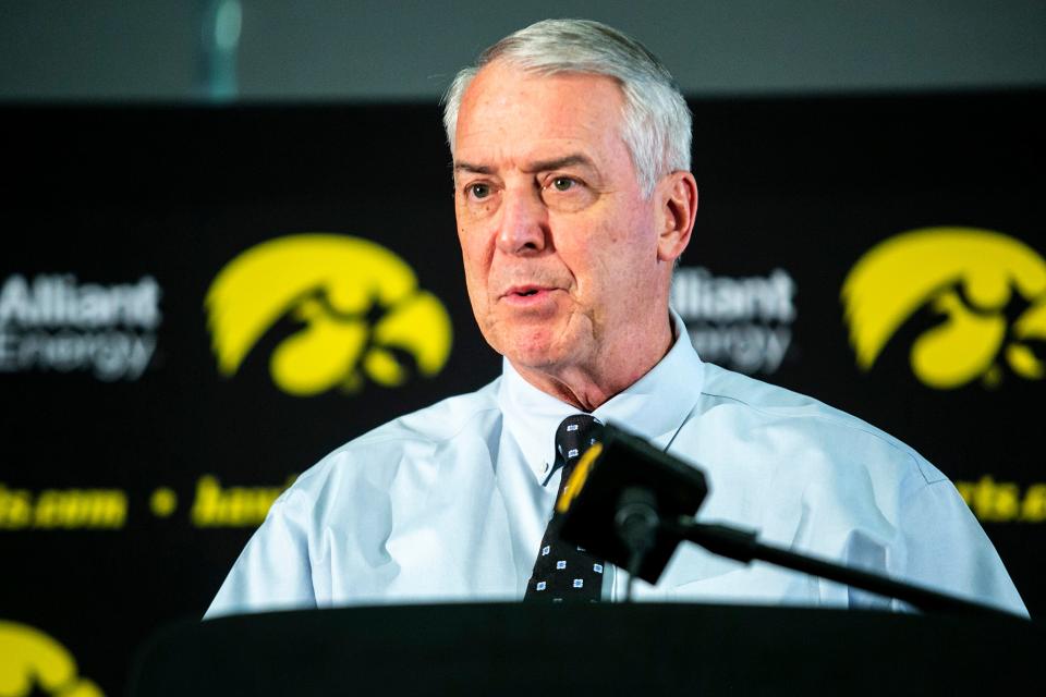 Iowa athletic director Gary Barta speaks during a news conference announcing Jim Barnes as the Hawkeyes volleyball head coach, Tuesday, Jan. 4, 2022, at Carver-Hawkeye Arena in Iowa City, Iowa.