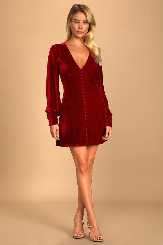 <p><a href="https://go.redirectingat.com?id=74968X1596630&url=https%3A%2F%2Fwww.lulus.com%2Fproducts%2Fmake-it-merry-wine-red-velvet-long-sleeve-button-up-mini-dress%2F1625976.html%3Fpla%3D1%26s_kwcid%3DAL%25217824%25213%2521657843054410%2521%2521%2521g%25212018066399953%2521%26gad_source%3D1%26gclid%3DCjwKCAiApaarBhB7EiwAYiMwqsaUvyJOqCo-R6sR9k3EEtv2zwMXZH8Ls8g8ZeqzR7pERdnMX41w7xoCLkwQAvD_BwE&sref=https%3A%2F%2Fwww.thepioneerwoman.com%2Ffashion-style%2Fg41869796%2Fchristmas-dresses%2F" rel="nofollow noopener" target="_blank" data-ylk="slk:Shop Now;elm:context_link;itc:0;sec:content-canvas" class="link rapid-noclick-resp">Shop Now</a></p><p>Make it Merry Button-Up Mini Dress</p><p>lulus.com</p><p>$74.00</p><span class="copyright">Lulu's</span>