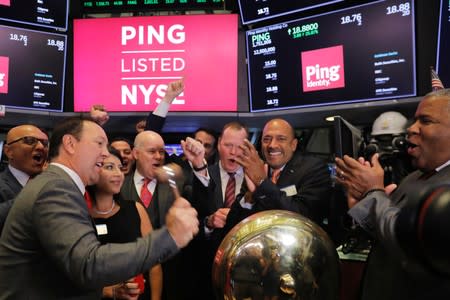 Ping CEO Andre Durand celebrates the IPO of Ping on the floor of the New York Stock Exchange in New York
