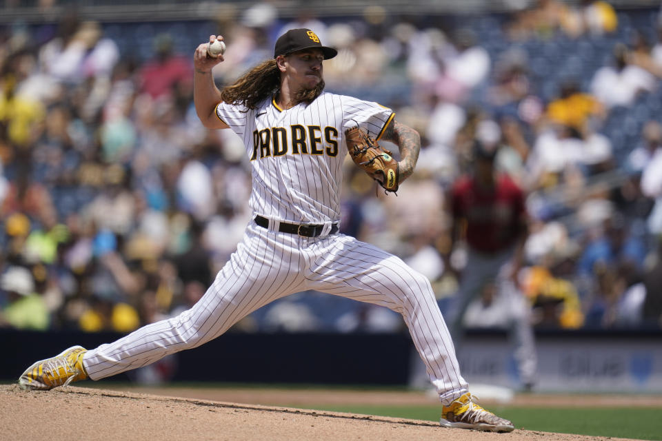 San Diego Padres starting pitcher Mike Clevinger works against an Arizona Diamondbacks batter during the second inning of a baseball game Wednesday, June 22, 2022, in San Diego. (AP Photo/Gregory Bull)